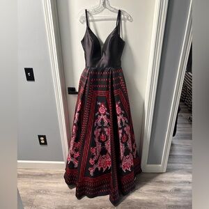 Alyce Paris Black Ball Gown with Red Floral Jacquard Skirt